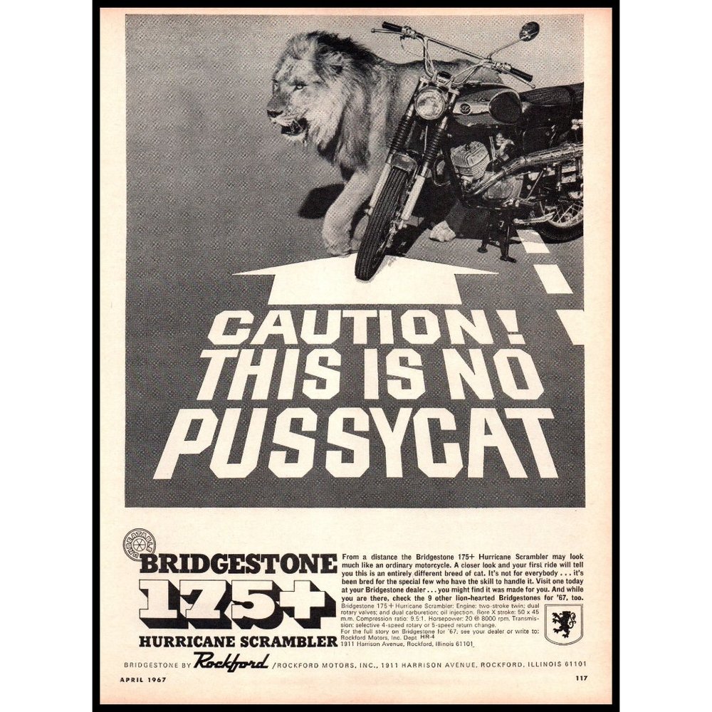 1967 Bridgestone 175+ Hurricane Scrambler Motorcycle Vintage Print Ad Wall Art